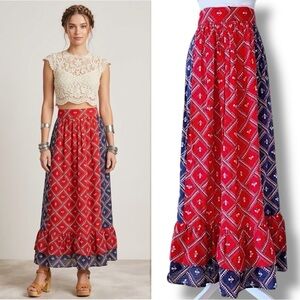 Vintage 70s Red & Blue Calico Prairie Maxi Skirt Talon USA Zipper Cottagecore S
